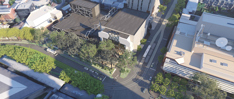 Artist's impression of aerial view of Southbank Boulevard, alongside the Southbank Theatre building
