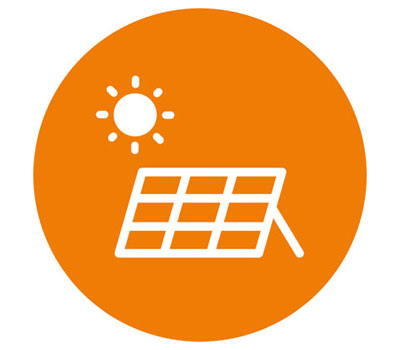 Icon of a sun shining above solar panels