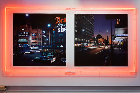 Two photos of Flinders Street at night, surrounded by red neon light frame