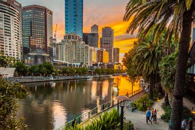 The Yarra River and Southbank buildings at dusk