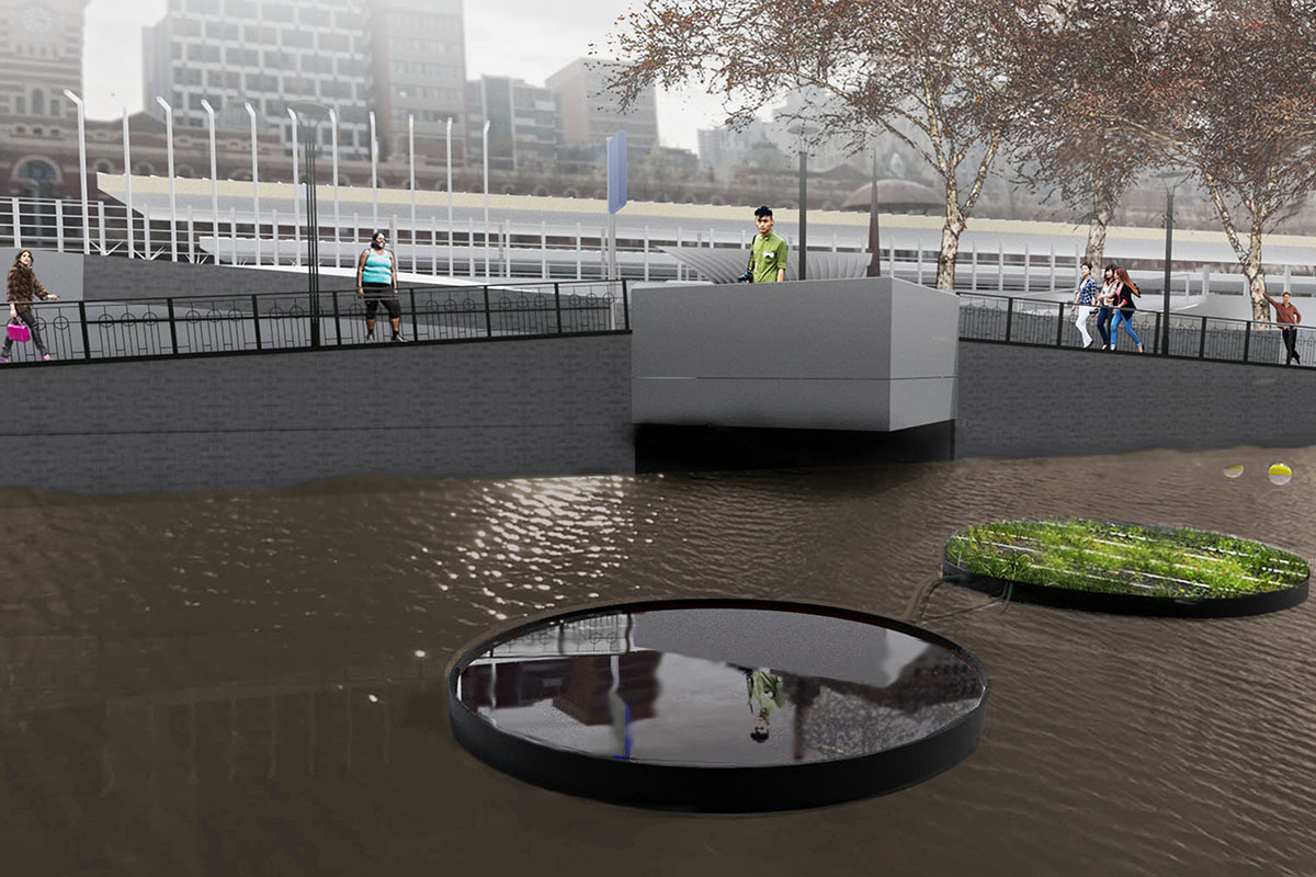 Yarra River with art installation superimposed over water