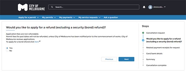 Cancellation request screen with yes/no question 'Would you like to apply for a refund (including a security (bond) refund?'