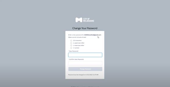 Change Your Password screen with details on password requirements, and two fields to enter and confirm the new password.