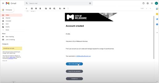 Example of the 'Account created' email with a cursor selecting the blue button to 'Set a new password'.