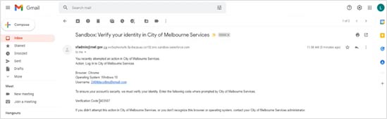 Example email with subject line 'Verify your identity with City of Melbourne Services' and containing account verfication details and code.