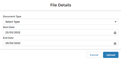 Screengrab showing File Details section of form with fields for Document Type, Start Date and End Date 
