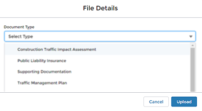Screengrab showing File Details section of form with dropdown menu expanded for Document Type, which has options for Construction Traffic Impact Assessment, Public Liability Insurance, Supporting Documentatin and Traffic Management Plan