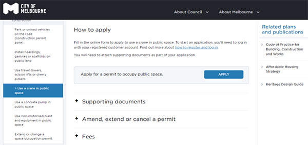 Screengrab of permit page on this website showing the 'apply' button to start an application.