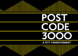 The words Postcode 3000 Melbourne in white super-imposed on a black background with yellow line waves