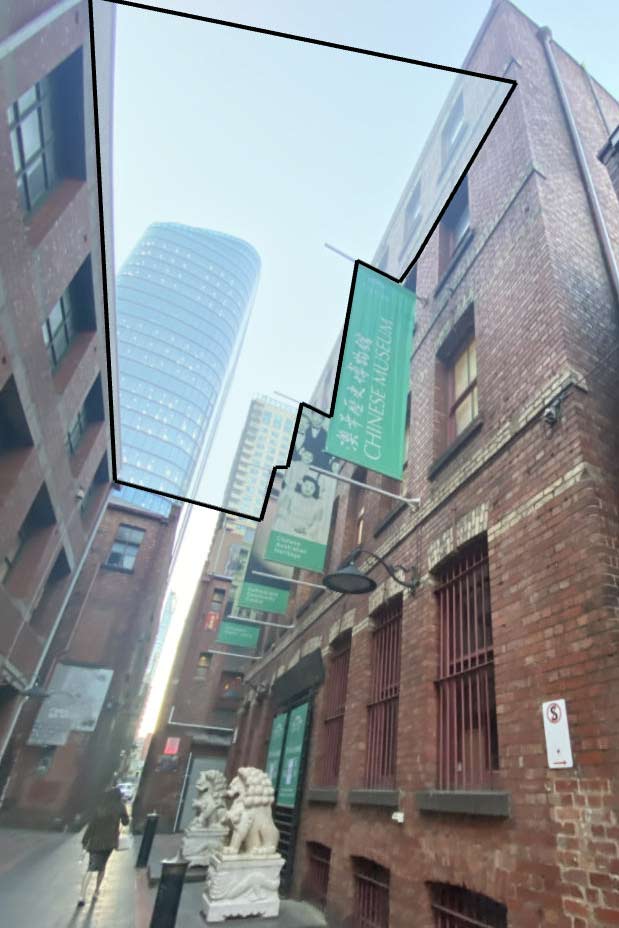 Concept for the lighting installation, four storeys above street level at Cohen Place, above the flags for the Chinese Museum. The installation resembles a thin, horizontal transparent surface with black outline and spans the area between the buildings