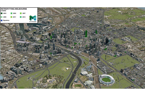 3D map of Melbourne with retrofit buildings indicated.