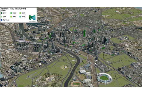 3D map of Melbourne with retrofit buildings indicated from 2003 and 2005