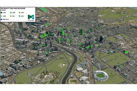 3D map of Melbourne with retrofit buildings indicated from 2003, 2005, 2007 and 2009
