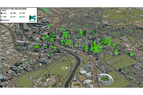 3D map of Melbourne with retrofit buildings indicated from 2003, 2005, 2007, 2009 and 2011