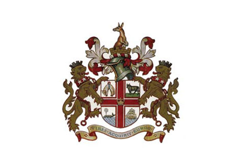Gold, red and white coat of arms
