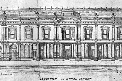 Historical architectural drawing of an ornate building front, labelled 'Elevation to Errol Street'