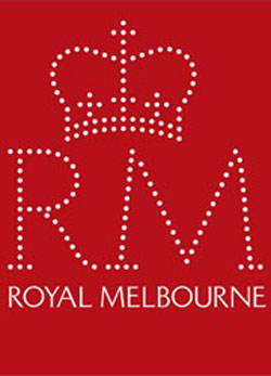 a crown and the letters RM made out of dots on a red background
