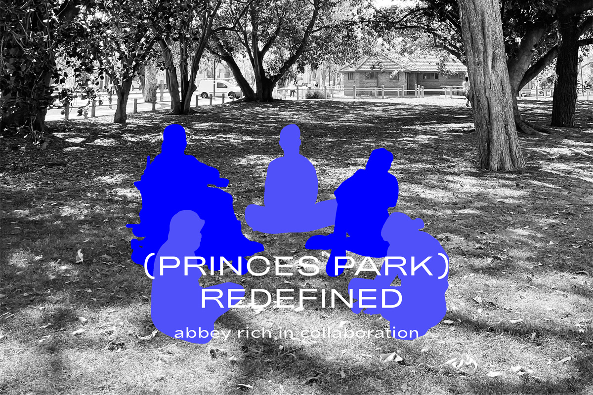 A black and white photograph of a park. The sillhouette of a group of people sitting on the ground has been added to the image. The image is titled 