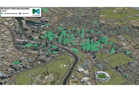 3D map of Melbourne with all retrofit buildings indicated from 2003 to 2013