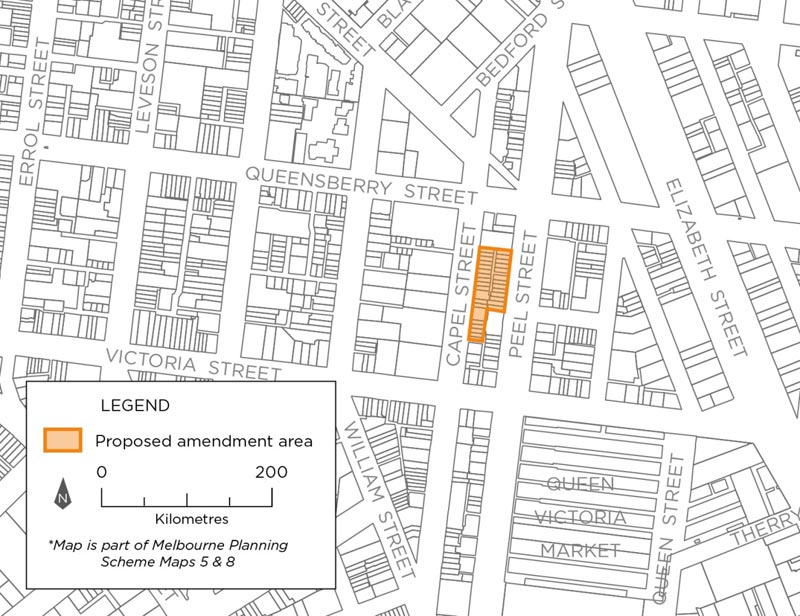 The proposed amendment area is between Capel Street and Peel Street, in the block with Queensberry Street to the north and Victoria Street to the south.