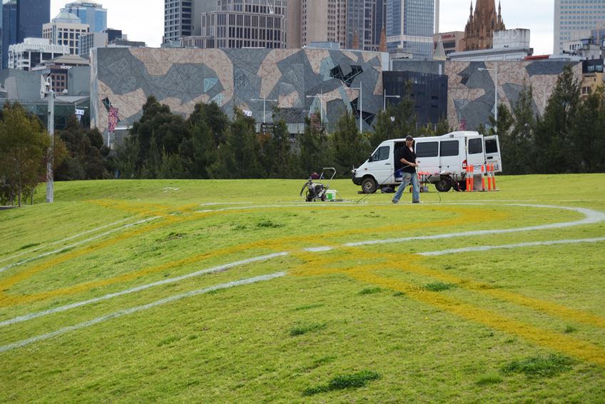 Designs painted onto grassed slope in park