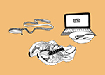 Line drawings of laptop, cereal bowl, dog leash and runnign shoes