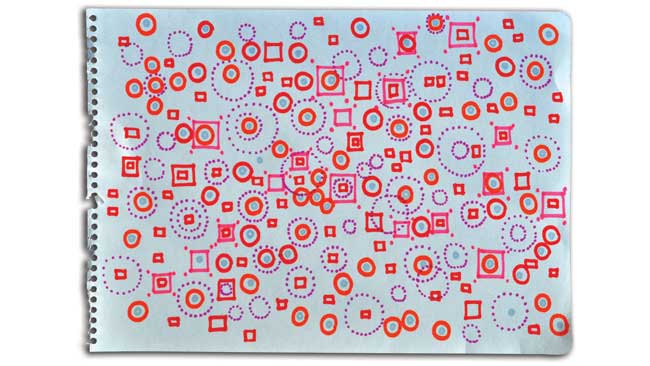 Notepaper decorated an abstract scattering of hand-drawn squares and circles in orange and pink
