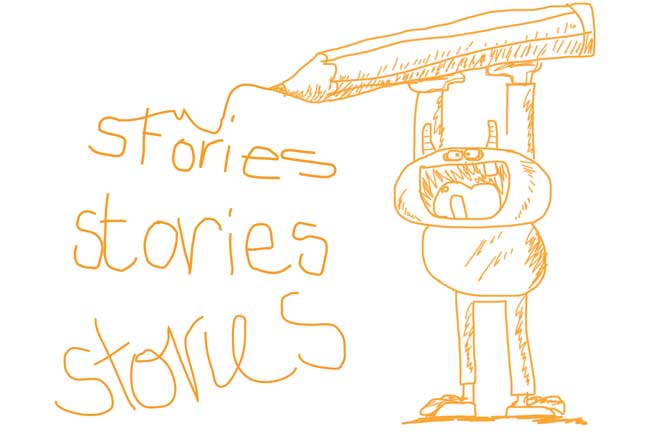 Line drawing of a character holding a large pencil which has written the words 'Stories stories stories'