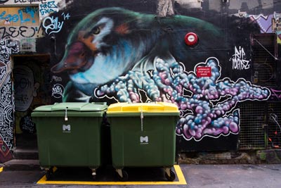 Two large bins next to a wall decorated with street art