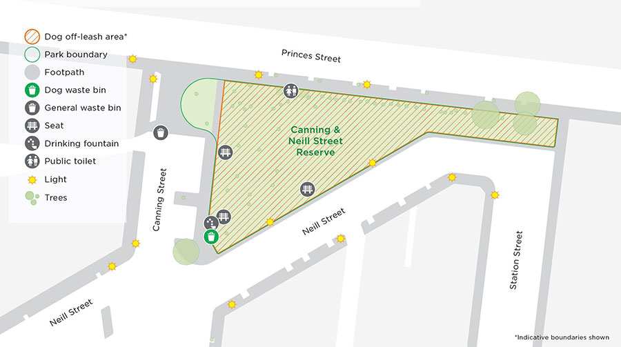 Map showing Canning and Neill Street Reserve, which is roughly triangular in share and bordered by Princes Street to the north, Neil Street to the south east and CanningStreet to the west. The dog off leash area is indicated by orange shaded lines and applies to almost the full area of the reserve.