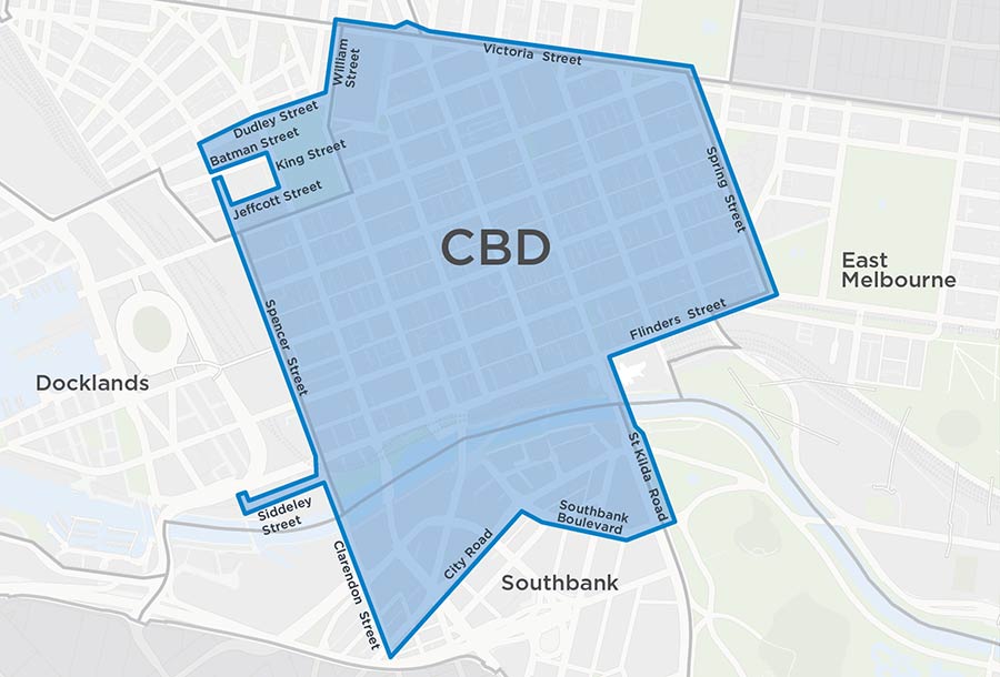 A map of Melbourne CBD with a blue shaded section indicating where parking changes apply. 