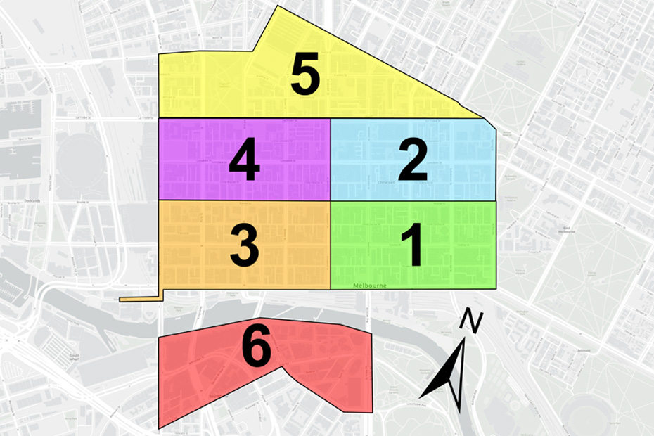 Map indicating sections of the Melbourne CBD