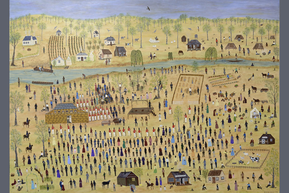 Painting depiciting many people and soldiers gathered awaiting the public hanging of Tunnerminnerwait and Maulboyheenner