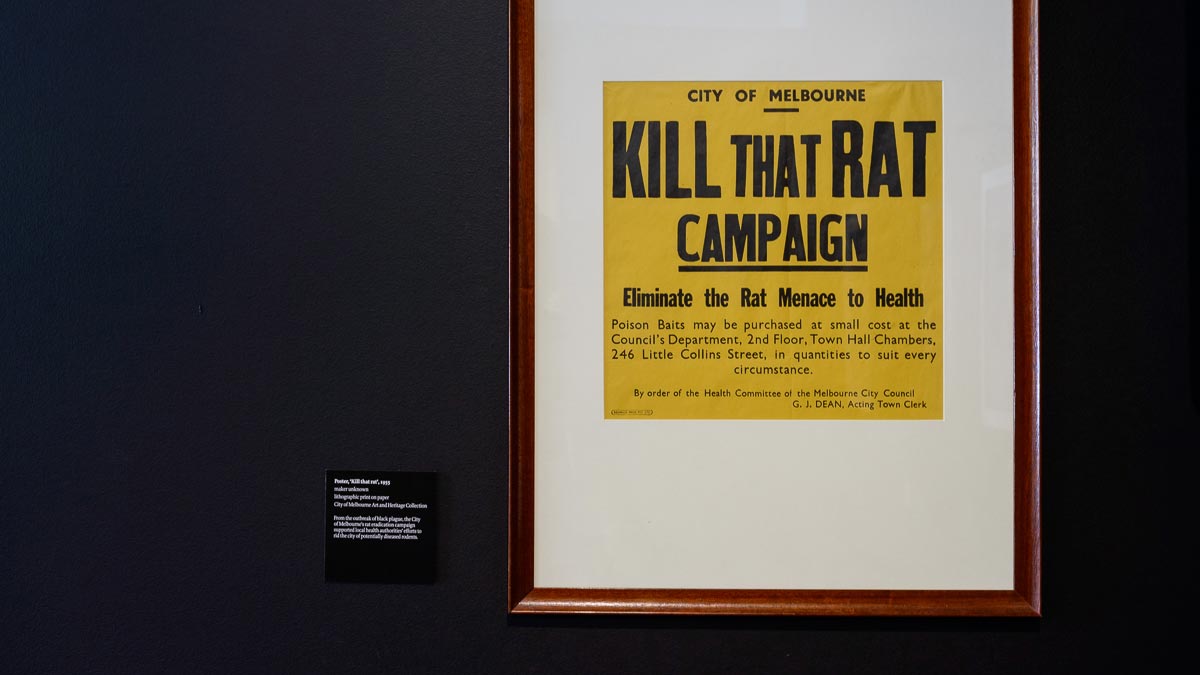 Kill that Rat campaign poster: 'Eliminate the Rat Menace to Health. Poison Bates may be purchased at small cost at the Council's Department, 2nd Floor, Town Hall Chambers, 246 Little Collins Street, in quantities to suit every circumstance.'