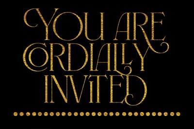 'You are cordially invited' written in gold stylised script