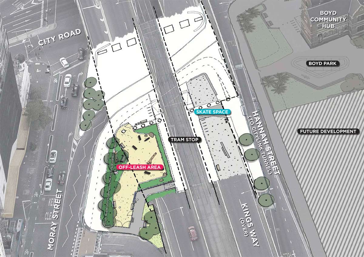Plan of community space (including dog park and skate space) at City Road / Kings Way undercroft. A tram stop runs down the middle, with the off-leash dog park on the western side (bordered by Moray Street) and a skate space on the eastern side of the tram stop. Boyd Park and Boyd Community Hub is opposite.