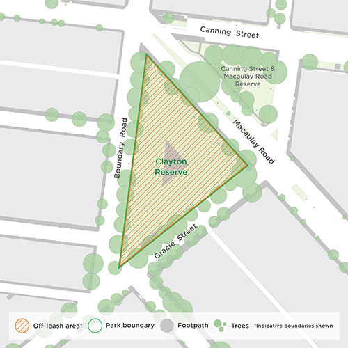 Map of Clayton Reserve. The dog off-leash area indicated by diagional line pattern, is the full triangular region of the reserve bordered by Boundary Road, Gracie Street and Macaulay Road