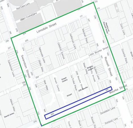 A map showing the borders of precinct one between Bourke and Lonsdale streets and Russel and Swanston street.