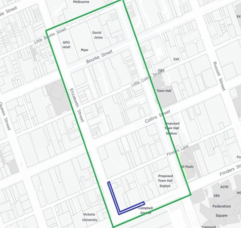 A map showing the borders of precinct two between Elizabeth and Russel streets and Flinders and Little Bourke Streets.