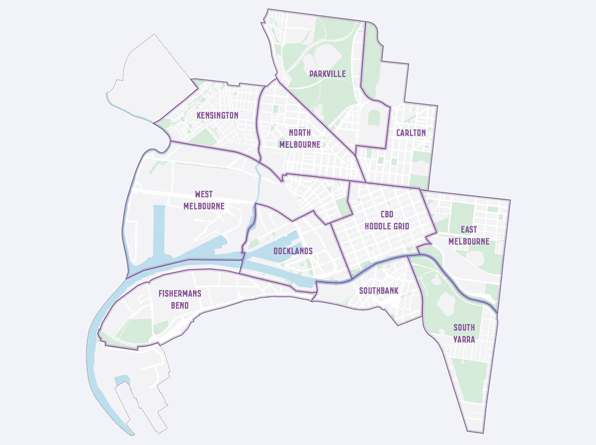 A map of the City of Melbourne municipality showing the ten neighbourhoods in order of North to South: Parkville, Kensington, North Melbourne, Carlton, West Melbourne, Docklands, CBD Hoddle Grid, East Melbourne, Fishermans Bend, Southbank, South Yarra.