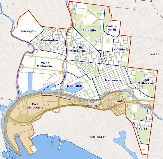 Map showing areas of City of Melbourne possibly subject to termite attack, from Port Melbourne to Southbank 