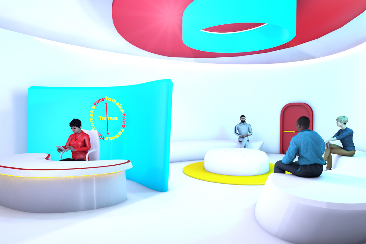 A computer generated illustration of people sitting in a futuristic looking waiting room.