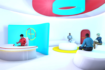 A computer generated illustration of people sitting in a futuristic looking waiting room. 
