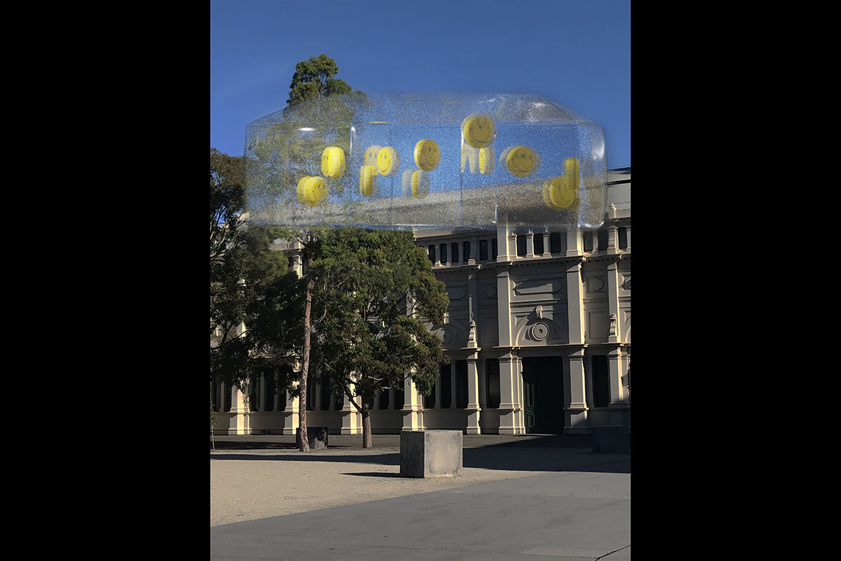 Exterior of building with superimposed image of floating inflatable greenhouse