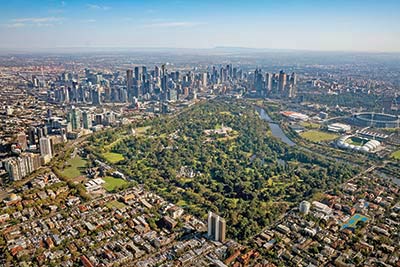 Aerial view of Domain Parklands adjacent to the Melbourne CBD.