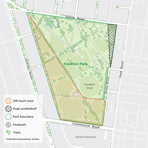 Map of Fawkner Park. The park is within the region bounded by Toorak Road to the north, Punt Road to the east, Commercial Road to the south and St Kilda Road to the west. The dog off-leash area shown shaded with orange lines, runs along the south and western edges and does not include Cordner Oval. There's a small dog prohibited area (shaded in red) in the north-east corner of the park.