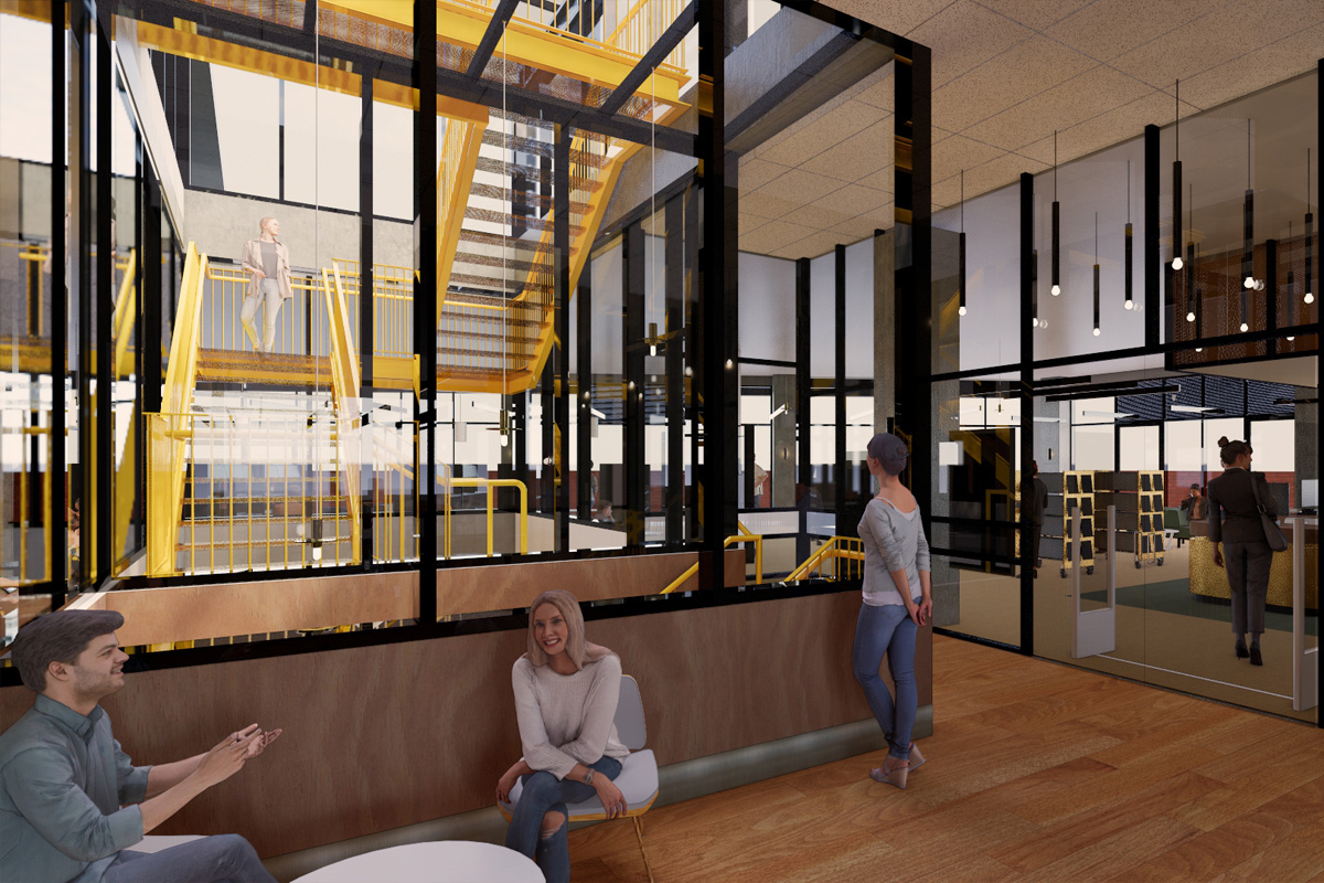 Artist impression of people interacting in the the foyer area. A large internal stairwell can be seen at the centre of the floor. The library collection is visible through glass doors and windows.