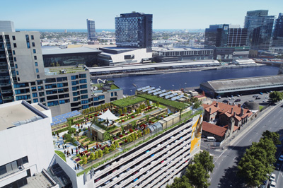 Aerial view of city with urban greenery on rooftop
