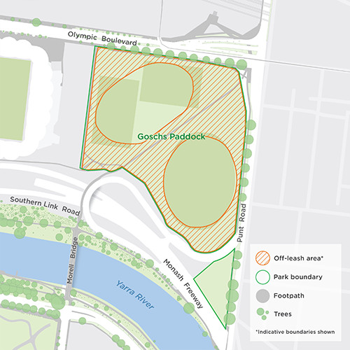 Map of Gosch's Paddock. The park is within the region bounded by Swan Street to the north, Punt Road to the east, Batman Avenue to the south and AAMI Park to the west. The dog off-leash area indicated by a diagonal line pattern, covers all of the park except for the two ovals.