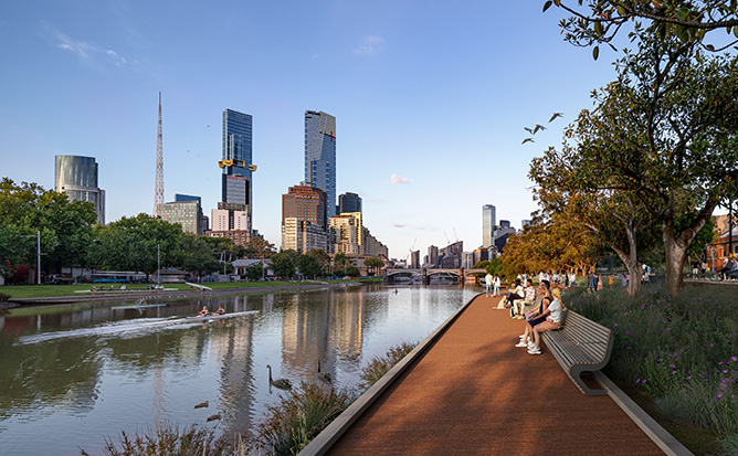 Artist impression of the boardwalk in Birrarung Marr Precinct Site 1 featuring people walking along the new boardwalk and sitting on the benches.